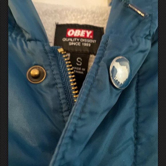 Obey Hooded Turquoise Nylon Jacket Mens Small - Picture 10 of 10